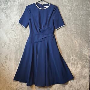 Kay Unger Navy Blue Fit & Flare Dress Elegant Draped Bodice Rhinestone Trim Sz 4